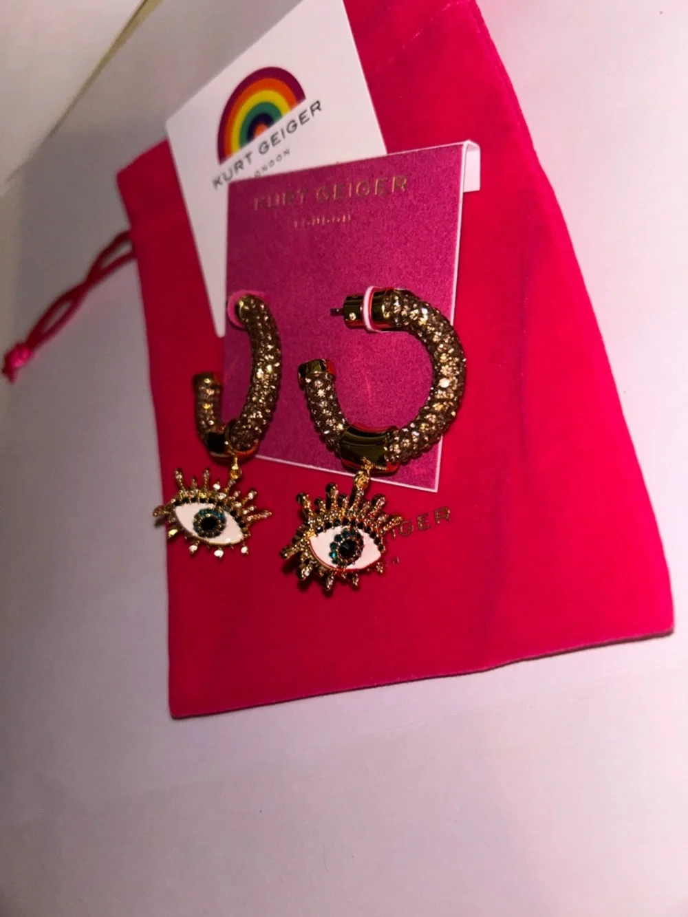 KURT GEIGER LONDON EVIL EYE CHARM PAVÉ GOLD CRYSTAL DANGLE HOOP EARRINGS  NWT - Picture 2 of 6